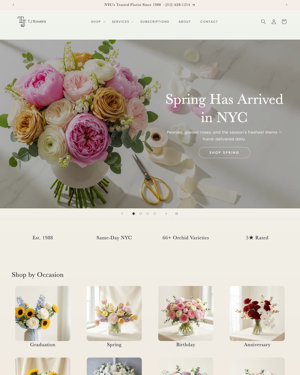 TJ Flowers — Manhattan luxury florist Shopify build by Zoe Lumos